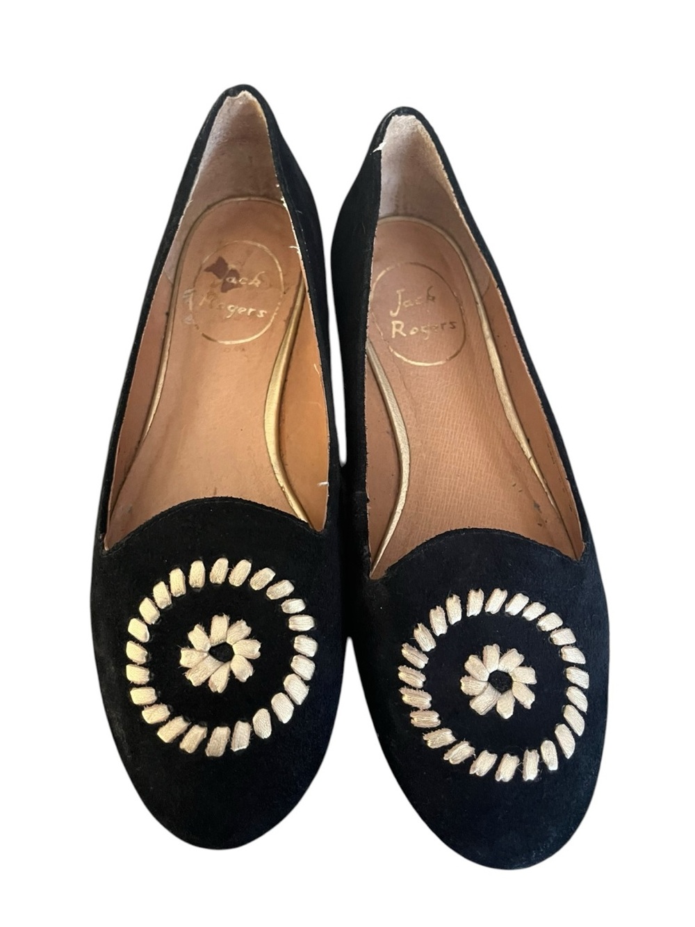 Jack Rogers Black Suede Embroidered Loafers Rebecca Sz 5.5